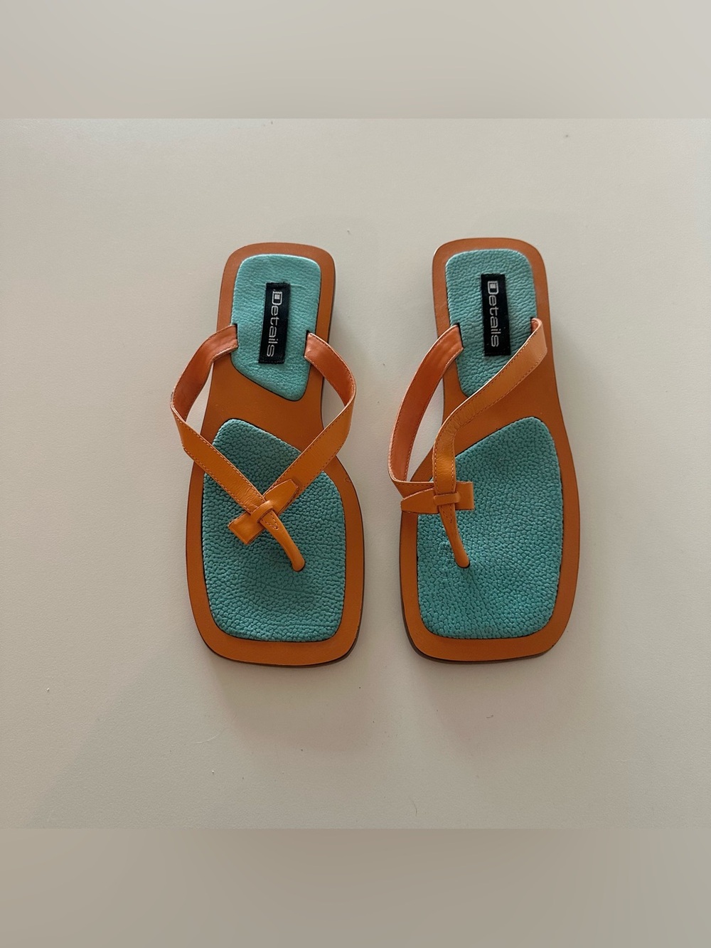 Vintage Details Y2K Leather Orange Teal Thongs Flip Flops Sandals 7.5/8? Funky